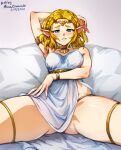  1girl armpits ass_visible_through_thighs bare_shoulders blonde_hair blush braid breasts green_eyes hair_ornament medium_breasts mina_cream official_alternate_hair_length official_alternate_hairstyle parted_bangs parted_lips pointy_ears princess_zelda short_hair smile solo the_legend_of_zelda the_legend_of_zelda:_tears_of_the_kingdom thick_thighs thighs triforce triforce_earrings 