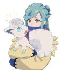  1boy alolan_vulpix blue_mittens blue_scarf commentary_request eyelashes green_eyes green_hair grusha_(pokemon) holding holding_pokemon jacket long_sleeves male_focus nm222 pokemon pokemon_(creature) pokemon_(game) pokemon_sv scarf scarf_over_mouth striped striped_scarf sweatdrop white_background yellow_jacket 