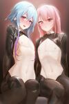  2boys :d absurdres animal_ears ansel_(arknights) arknights bangs blue_hair crossdressing highres looking_at_viewer meme_attire mizuki_(arknights) mo_ne multiple_boys navel nipples open_mouth otoko_no_ko pink_eyes pink_hair purple_eyes rabbit_boy rabbit_ears reverse_bunnysuit reverse_outfit short_hair smile stomach 