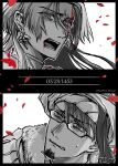  2boys artist_name blood blood_on_face constantine_xi_(fate) curtained_hair dated earrings facial_hair fate/grand_order fate_(series) fur_trim glasses hair_between_eyes highres jewelry long_hair looking_at_another male_focus mehmed_ii_(fate) monochrome multiple_boys petals purupuru_hanage short_hair simple_background split_screen stubble turban upper_body white_background 
