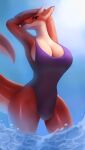  anthro big_breasts breasts bulge cleavage clothed clothing dragon ear_piercing ear_ring gynomorph hand_on_head hi_res horn ikiki intersex narrowed_eyes one-piece_swimsuit outside partially_submerged piercing red_body red_eyes red_scales ring_piercing scales scalie sky solo standing_in_water swimwear wingless_dragon 