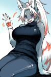  anthro big_breasts black_clothing black_nose black_sweater black_topwear bottomwear bracelet breasts canid canine canis cheek_tuft claws clothed clothing denim denim_clothing digital_media_(artwork) facial_tuft fangs female female_anthro fingers fur gesture grey_body grey_fur hair hi_res jeans jewelry kemono long_hair looking_at_viewer mammal okami_bark ookamiwaho open_mouth pants pawpads ponytail shirt simple_background sitting smile solo sweater tail teeth topwear tuft waving waving_at_viewer white_body white_fur white_hair wolf 