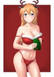  1girl absurdres animal_ears antlers bikini blue_eyes blush breasts charlotte_e._yeager christmas christmas_present cleavage closed_mouth collarbone deer_ears fake_animal_ears fake_antlers gift highres large_breasts long_hair looking_at_viewer navel orange_hair red_background red_bikini reindeer_antlers satukiookami shiny_skin simple_background smile solo strike_witches swimsuit world_witches_series 