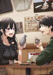  1boy 1girl ahoge bare_shoulders black_hair black_shirt bottle breasts collarbone cup earrings elbow_rest green_sweater grey_eyes highres hikigaya_hachiman hiratsuka_shizuka holding holding_bottle holding_cup indoors jewelry large_breasts light_(lightpicture33) looking_at_another menu_board off-shoulder_shirt off_shoulder open_mouth plate profile sakazuki sake_bottle shirt sitting sweater table teacher_and_student yahari_ore_no_seishun_lovecome_wa_machigatteiru. 