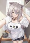  1girl 1other absurdres animal_ear_piercing animal_ears black_shorts breasts calendar_(object) cat_ears cleavage commentary_request fisheye foreshortening grey_eyes grey_hair hand_up highres hololive indoors large_breasts long_hair open_mouth saliva shelf shirt shishiro_botan shishiro_botan_(4th_costume) shorts sick ssrb_(shishiro_botan) t-shirt thermometer welcome_mat white_shirt yoppy_paint 