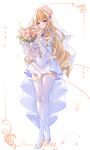  1girl abstract_background blonde_hair blue_eyes bouquet breasts bridal_gauntlets bridal_veil character_name closed_mouth commentary dated detached_collar dress elbow_gloves flower full_body genshin_impact gloves hair_flower hair_ornament high_heels highres holding holding_bouquet jewelry long_hair looking_at_flowers miaogujun navia_(genshin_impact) pendant pink_flower pink_rose rose signature smile solo strapless strapless_dress symbol-only_commentary thighhighs veil wedding_dress white_background white_dress white_footwear white_gloves white_thighhighs 