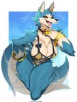  anthro blue_body blue_fur blush canid canine canis claws clothing female finger_claws fluffy fluffy_tail fur hi_res jewelry looking_at_viewer mammal muart242 open_mouth solo swimwear tail wolf yellow_eyes 