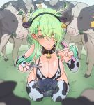  1girl animal animal_ears animal_print antlers bare_shoulders bell bikini black_bikini blush braid braided_bangs branch breasts bucket ceres_fauna cleavage collarbone comb cow cow_ears cow_girl cow_horns cow_print cowbell ear_tag gloves grass green_hair highres hololive hololive_english horns kneeling large_breasts long_hair looking_at_viewer mole mole_under_eye moral_cacoethes multicolored_hair neck_bell on_grass print_bikini print_gloves print_thighhighs scissors smile solo streaked_hair swimsuit thighhighs virtual_youtuber white_bikini yellow_eyes 