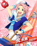  1boy blue_eyes broom card_(medium) character_name hat headset holding holding_broom idolmaster idolmaster_side-m kabuto_daigo male_focus midriff_peek navel official_art pink_background pink_hair 