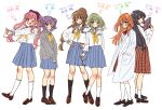  6+girls ;d arrow_(symbol) black_eyes black_socks blue_eyes blue_sailor_collar blue_skirt blush bow brown_eyes brown_footwear brown_hair buttons cardigan character_name closed_mouth collared_shirt commentary_request double_bun green_eyes green_hair grey_cardigan hair_bow hair_bun hand_fan hand_in_pocket hand_on_own_hip happy holding holding_fan kneehighs lab_coat leg_up loafers long_hair long_sleeves looking_at_viewer looking_back miniskirt multiple_girls neck_ribbon neckerchief one_eye_closed open_mouth orange_hair original outstretched_arms own_hands_together pink_hair plaid plaid_skirt pleated_skirt purple_bow purple_hair red_eyes red_ribbon ribbon sailor_collar school_uniform serafuku shirt shoes short_hair sidelocks simple_background sketch skirt smile socks standing standing_on_one_leg stretching sugano_manami translation_request wavy_hair white_background white_shirt white_socks yellow_neckerchief 
