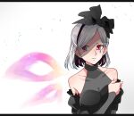  1girl bare_shoulders black_dress breasts cleavage commentary_request covered_collarbone detached_sleeves dress grey_hair highres identity_v kashikaze large_breasts medium_hair mole mole_under_eye parted_lips red_eyes see-through see-through_cleavage sleeveless sleeveless_dress solo upper_body veil vera_nair vera_nair_(fatal_affection) white_background 