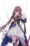  1girl absurdres black_choker black_coat brown_hair chain choker coat commentary cosplay dress flower-shaped_pupils genshin_impact hair_between_eyes herta_(honkai:_star_rail) herta_(honkai:_star_rail)_(cosplay) highres homu_(honkai_impact) hu_tao_(genshin_impact) long_hair long_sleeves looking_at_viewer one_eye_closed open_mouth qixia red_eyes solo symbol-shaped_pupils twintails very_long_hair white_dress wide_sleeves 