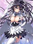 1girl absurdres angel_wings apron arm_up bikini bikini_top_only black_bikini black_dress black_hair breasts cleavage closed_mouth detached_collar dress ebora elbow_gloves fake_wings fallen_angel_ero_maid_costume garter_straps gloves hair_ribbon hand_on_hip highres kanzaki_kaori large_breasts leg_up looking_at_viewer maid_apron maid_bikini official_alternate_costume ponytail purple_eyes ribbon simple_background solo standing standing_on_one_leg star_(symbol) sweatdrop swimsuit thighhighs toaru_majutsu_no_index v white_gloves white_ribbon white_thighhighs wings 