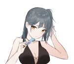  1girl afpl_(parrotz4) bikini black_bikini blue_eyes copyright_request food hand_in_own_hair highres holding holding_food orange_eyes popsicle solo swimsuit upper_body white_background 