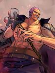  1boy abs absurdres beefussop12 coat coat_on_shoulders cowboy_shot goatee_stubble highres large_pectorals looking_to_the_side male_focus mature_male muscular muscular_male one_piece pectorals purple_hair short_hair solo sunglasses zephyr_(one_piece) 