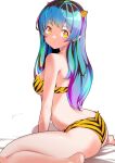  1girl :o absurdres animal_print ass bare_shoulders barefoot bikini black_hair blue_hair breasts commentary from_side fur_bikini gradient_hair green_hair highres horns itou_kazuki long_hair looking_at_viewer lum medium_breasts multicolored_hair oni oni_horns parted_lips pointy_ears print_bikini purple_hair signature simple_background sitting solo strapless strapless_bikini swimsuit thighs tiger_print turning_head urusei_yatsura wariza white_background yellow_bikini yellow_eyes yellow_horns 