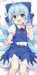  1girl :d baku-p bed_sheet blue_bow blue_eyes blue_hair blue_skirt bow cirno female_child hair_bow looking_at_viewer lying navel on_back short_hair skirt smile solo thighs touhou 