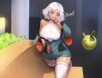  1girl arm_support artist_name asticassia_school_uniform bare_shoulders bench blurry blurry_background breasts bush dark-skinned_female dark_skin green_eyes green_jacket green_shorts grey_hair gundam gundam_suisei_no_majo halterneck hand_to_own_mouth haro highres ilsae jacket large_breasts light_particles looking_at_viewer on_one_knee open_mouth parted_bangs partially_unzipped pillar school_uniform secelia_dote short_hair short_shorts shorts smug solo teeth thighhighs upper_teeth_only white_thighhighs wide_sleeves 
