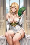  1girl armlet artist_name bare_shoulders blonde_hair blush bow bracelet braid breasts bridal_gauntlets cleavage dated drill_hair earrings elf english_commentary folding_fan forehead_jewel gold_trim green_eyes hair_bow hand_fan highres holding holding_fan indoors jewelry large_breasts long_hair looking_at_viewer original pointy_ears sciamano240 side_slit signature single_braid sitting solo stud_earrings thighlet twin_drills wide_sleeves 