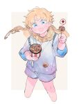  1boy blue_eyes blush border child fate/grand_order fate_(series) food holding holding_food looking_at_viewer male_focus oneroom-disco open_mouth scarf shirt short_hair shorts solo speech_bubble spoken_skull takoyaki voyager_(fate) white_border white_shirt white_shorts wide_sleeves yellow_scarf 