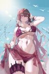  1girl absurdres adjusting_hair bikini bird blue_sky breasts bridal_garter chinese_commentary commentary_request cowboy_shot fate/grand_order fate_(series) hand_up highres kunai large_breasts long_bangs long_hair looking_at_viewer looking_down navel red_bikini red_eyes red_hair red_sarong sarong scathach_(fate) scathach_(swimsuit_assassin)_(fate) sky smile solo standing sun swimsuit very_long_hair weapon xinlingjitang 