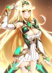  1girl bare_shoulders blonde_hair breasts cleavage commentary cowboy_shot dangle_earrings dress earrings elbow_gloves gloves glowing hand_up highres jewelry long_hair looking_at_viewer mythra_(xenoblade) neon_trim pleated_dress short_dress sleeveless sleeveless_dress solo swept_bangs thigh_strap tiara to_(tototo_tk) very_long_hair white_dress white_gloves xenoblade_chronicles_(series) xenoblade_chronicles_2 yellow_eyes 