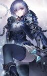  1girl armor chain corset frown gauntlets hair_ornament highres looking_at_viewer nakamura_eight original purple_eyes purple_hair short_hair shoulder_armor snowflake_hair_ornament solo thighhighs torn_clothes waist_cape 