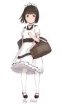  1girl ahoge arm_behind_back basket brown_footwear brown_hair chinese_commentary clenched_hand dress full_body highres koebushi_(mat) looking_at_viewer maid maid_headdress original pantyhose red_eyes short_hair simple_background solo standing white_background white_dress white_pantyhose 