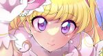  1girl absurdres asahina_mirai blonde_hair blurry blurry_foreground close-up closed_mouth cure_miracle depth_of_field earrings gloves hand_on_another&#039;s_head hat highres jewelry lips long_hair looking_at_viewer magical_girl mahou_girls_precure! mini_hat mini_witch_hat mitsuki_tayura precure purple_eyes shirt smile solo tilted_headwear white_gloves white_shirt witch_hat 