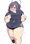  1girl blue_archive blue_buruma blush buruma halo highres long_hair looking_at_viewer nimo_(b45ui) ponytail purple_eyes purple_hair short_sleeves simple_background solo sweat thick_thighs thighs yuuka_(blue_archive) yuuka_(track)_(blue_archive) 