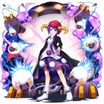  1girl :3 animal asymmetrical_hair black_coat coat doreking doremy_sweet dress full_body hat highres long_sleeves multicolored_clothes multicolored_dress non-web_source official_art open_clothes open_coat open_mouth pom_pom_(clothes) purple_eyes purple_hair red_headwear rotte_(1109) sheep shoes short_hair solo touhou touhou_lost_word transparent_background white_footwear yellow_horns 
