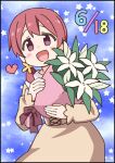  1girl :d bouquet brown_eyes commentary_request dated dot_nose flower heart holding holding_bouquet lily_(flower) long_hair long_sleeves looking_at_viewer murosaki_miyo nekotoufu official_art onii-chan_wa_oshimai! open_mouth red_hair simple_background smile solo starry_background 