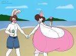  2019 anthro beach big_breasts blush bonnie_(satsumalord) breasts brown_hair carlos_(carlossaiyan) clothing cloud copyright_symbol dessert digital_media_(artwork) duo eyes_closed female food fur hair hand_holding huge_breasts hyper hyper_breasts ice_cream ice_cream_cone lagomorph leporid male mammal rabbit red_face sand satsumalord seaside sky swimming_trunks swimwear symbol water white_body white_fur 