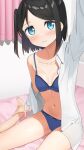  1girl absurdres apollo_(hu_maple) bed black_hair blue_eyes blush bow bow_panties bra breasts collarbone curtains dress_shirt hair_tie highres navel on_bed original panties selfie shirt short_hair sitting small_breasts underwear 