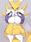  anthro armwear bandai_namco blue_eyes breasts clothing digimon digimon_(species) female fur hi_res kame_3 nipples renamon solo yellow_body yellow_fur 