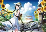  1girl bag black_eyes black_hair braid bus bus_stop cloud dress floating_hair flower french_braid hair_ribbon hat hat_ribbon highres holding holding_hair kazuharu_kina long_dress long_hair motor_vehicle original ribbon sky solo sundress sunflower twin_braids very_long_hair white_dress 