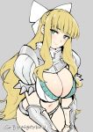  1girl absurdres armor bikini_armor blonde_hair bow breasts charlotte_(fire_emblem) fire_emblem fire_emblem_fates ge-b green_eyes hair_bow highres large_breasts long_hair looking_at_viewer navel shoulder_armor smile solo stomach twitter_username vambraces very_long_hair white_bow 