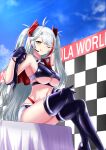  1girl :p ;) absurdres armpits azur_lane blue_sky boots breasts cipher_engage cloud crossed_legs day grey_eyes grey_hair highres jacket jacket_on_shoulders latex long_hair looking_at_viewer mole mole_on_breast official_alternate_costume one_eye_closed outdoors prinz_eugen_(azur_lane) prinz_eugen_(final_lap)_(azur_lane) race_queen sideboob sitting sky smile solo thigh_boots thighhighs tongue tongue_out underboob yellow_eyes 