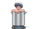  1girl bath blue_hair blush breasts cleavage medium_breasts nude ranma_1/2 short_hair simple_background solo sweat tendou_akane towel wanta_(futoshi) white_background 