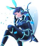  1girl alternate_costume animal_ears black_bodysuit black_gloves blue_eyes blue_hair bodysuit breasts gloves headphones long_sleeves marinette_dupain-cheng medium_breasts miraculous_ladybug open_mouth ponytail rabbit_ears smile tomm0515 