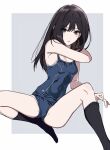  1girl ass bare_arms bare_shoulders black_hair black_socks bloom_into_me15 blue_one-piece_swimsuit breasts earrings grey_background grey_eyes highres idolmaster idolmaster_cinderella_girls jewelry legs_apart long_hair looking_at_viewer no_shoes one-piece_swimsuit open_mouth shibuya_rin small_breasts socks solo swimsuit 
