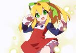  black_sleeves bow green_bow green_eyes kaidou_zx mega_man_(series) open_mouth ponytail red_skirt robot robot_girl roll_(mega_man) skirt sparkle thighs 