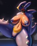  4:5 anthro bedroom_eyes big_breasts blue_body blue_scales breasts choker dorsal_fin female fin garchomp generation_4_pokemon genitals hi_res jewelry looking_at_viewer mature_female narrowed_eyes necklace nintendo nipples non-mammal_breasts non-mammal_nipples nude paradoxing pokemon pokemon_(species) pussy red_body red_scales scales scalie seductive solo spikes spread_legs spreading thick_thighs 