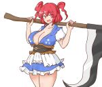  1girl :d blue_dress breasts cleavage coin commentary dress hair_bobbles hair_ornament holding holding_scythe huge_breasts looking_at_viewer mizusoba obi onozuka_komachi open_mouth red_eyes red_hair sash scythe short_hair simple_background smile solo standing touhou two_side_up white_background 