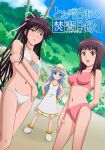  3girls alternate_breast_size bikini breasts brown_hair commentary_request cosplay danna green_eyes grey_hair ikamusume ikamusume_(cosplay) index_(toaru_majutsu_no_index) itsuwa kanzaki_kaori long_hair look-alike medium_breasts multiple_girls parody photoshop_(medium) pink_bikini ponytail purple_eyes purple_hair shinryaku!_ikamusume short_hair small_breasts smile swimsuit toaru_majutsu_no_index white_bikini 