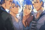  4boys beads blue_hair collar collared_shirt cu_chulainn_(caster)_(fate) cu_chulainn_(caster)_(the_musketeers)_(fate) cu_chulainn_(fate) cu_chulainn_(fate/prototype) cu_chulainn_(the_musketeers)_(fate) cu_chulainn_(the_musketeers)_(fate/prototype) cu_chulainn_alter_(fate) cu_chulainn_alter_(the_musketeers)_(fate) dark_persona earrings facepaint fate/grand_order fate_(series) gloves grin hair_beads hair_between_eyes hair_ornament hakusaihatake jewelry long_hair looking_at_viewer male_focus multiple_boys multiple_persona one_eye_closed ponytail popped_collar red_eyes shirt short_hair smile spiked_hair tattoo teeth 