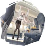 1girl absurdres ahoge aircraft airplane airplane_interior andrea_doria_(azur_lane) andrea_doria_(have_a_safe_flight)_(azur_lane) arms_up azur_lane black_pantyhose black_skirt bow bowtie breasts brown_eyes brown_hair collared_shirt drill_hair english_text flight_attendant hair_between_eyes haori_io high_heels highres indoors large_breasts long_hair long_sleeves looking_at_viewer manjuu_(azur_lane) non-web_source official_alternate_costume official_art pantyhose pencil_skirt shirt skirt solo travel_attendant twin_drills very_long_hair white_shirt window 