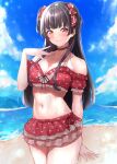  1girl absurdres bare_shoulders beach bikini black_hair blue_sky blunt_bangs blush bow breasts brown_eyes choker cleavage closed_mouth cloud collarbone cowboy_shot day dot_nose frilled_bikini frills hair_bow hair_ribbon hand_up heart heart_choker heart_print highres idolmaster idolmaster_shiny_colors lens_flare long_hair looking_at_viewer mayuzumi_fuyuko medium_breasts mountain navel ocean open_hands outdoors print_bikini print_ribbon red_bikini red_ribbon ribbon sky smile solo standing swimsuit tonguewasabi two_side_up wet 