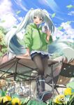  1girl aqua_eyes aqua_hair black_pantyhose blue_shorts chair cloud cloudy_sky commentary_request copyright crypton_future_media cup daidou_(demitasse) dandelion day dress falling_leaves falling_petals flower folding_chair from_below green_jacket hair_intakes hatsune_miku holding holding_cup jacket kettle leaf leaning_back leaning_on_table light_blush lily_of_the_valley logo long_hair looking_at_viewer nature net official_art open_mouth outdoors pantyhose pantyhose_under_shorts petals shorts shorts_under_dress sky smile solo sunlight table twintails very_long_hair vocaloid white_dress white_flower yellow_flower 