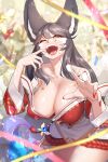  1girl absurdres ahri_(league_of_legends) animal_ears black_hair breasts cleavage cream cream_on_face facial_mark food food_on_face fox_ears fox_girl fox_tail highres kitsune large_breasts league_of_legends long_hair off_shoulder tail whisker_markings yabby 